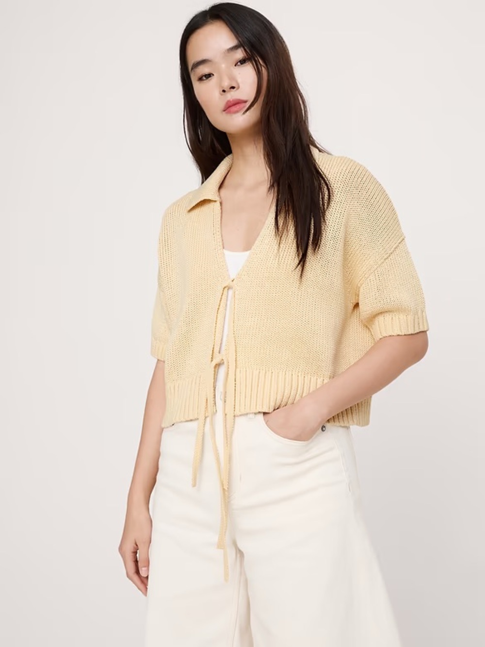 NWT Banana Republic COTTON TIE-FRONT POLO CARDIGAN in Butter Yellow